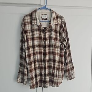 American Eagle Plaid Button-Up Shirt in Brown and Cream
